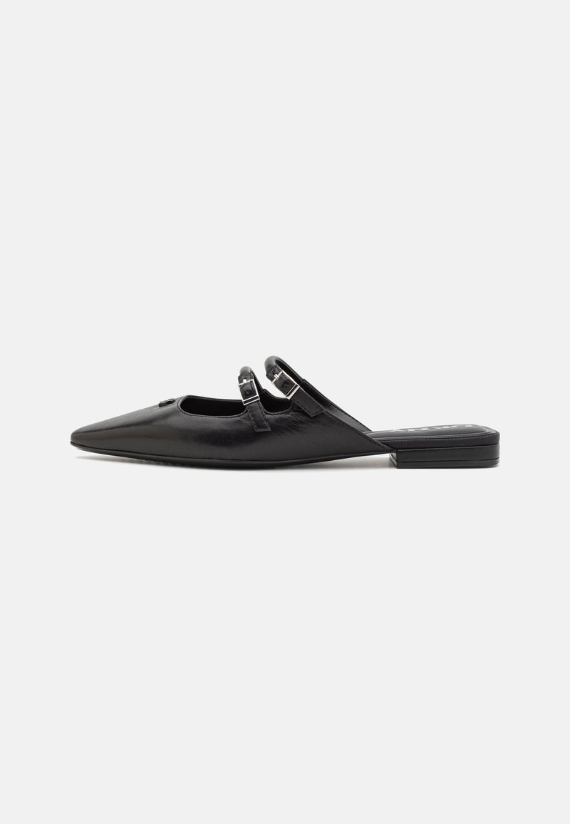 Black leather mules with a pointed toe, featuring double straps and silver buckles. Flat heel with a smooth texture and minimal design.