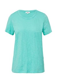 T-shirt à manches courtes en bleu teal clair, fabriqué à partir d'un tissu doux et texturé, avec un col rond et une coupe décontractée.