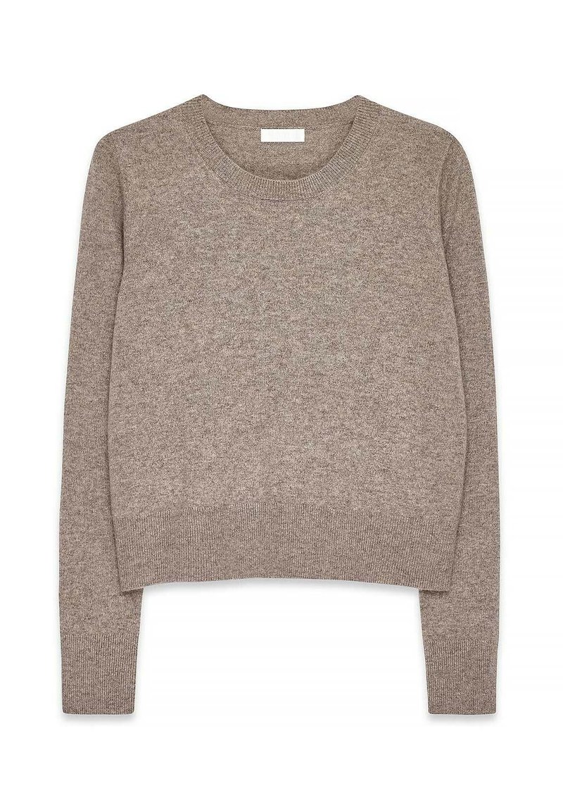 Pull court marron en tissu doux avec un col rond et des manches longues. Présente des poignets et un ourlet côtelés. Pas de motifs marquants.