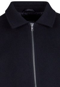 Black wool coat featuring a zip closure, stand collar, and a smooth texture with a subtle shine. The zipper is metallic and centered.