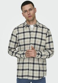 Knoopshirt in crème met een blauw en bruin geruit patroon, lange mouwen en een klassieke kraag. Getextureerde stof, relaxte pasvorm.