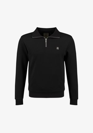 Schwarzer Pullover mit langen Ärmeln, Viertel-Reißverschluss, hohem Kragen, gerippten Bündchen, Saum und kleinem Logoschild auf der linken Brust.