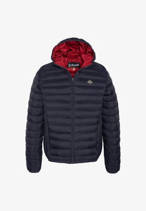 Mørk navy dunjakke med rød foring, lynlås, hætte og quiltet design. Har et lille logo på brystet og sidelommer.