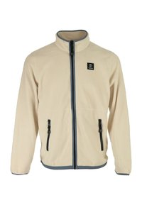 Giacca in pile beige con colletto alto, chiusura frontale a zip e due tasche laterali. Presenta zip nere e un bordo blu lungo il fondo.