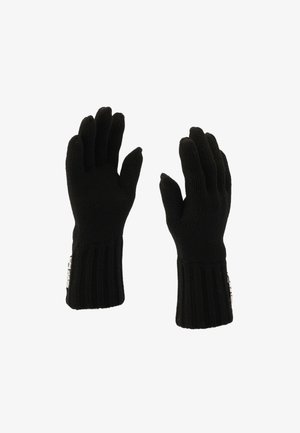 Czarne, dziane rękawiczki z prążkowanymi mankietami i teksturowanym wykończeniem. Rękawiczki mają pięć oddzielnych palców i klasyczny design.
