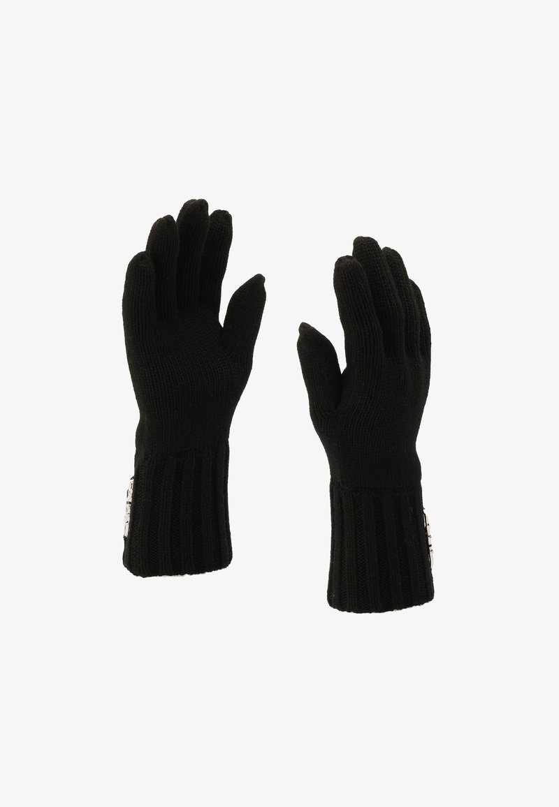 Gants en tricot noir avec des poignets côtelés et une finition texturée. Les gants possèdent cinq doigts séparés et un design classique.