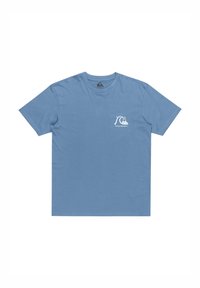 Blauwe katoenen T-shirt met een ronde hals, korte mouwen en een wit grafisch logo op de borst. Glad textuur met een klassieke snit.