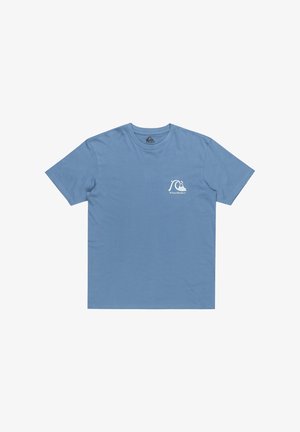 Blauwe katoenen T-shirt met een ronde hals, korte mouwen en een wit grafisch logo op de borst. Glad textuur met een klassieke snit.