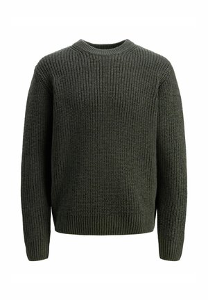 Pull en maille vert foncé avec un col rond, présentant un motif côtelé texturé et des manches longues, conçu pour un look décontracté.