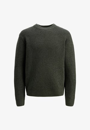 Temno zelena pletena jopica s okroglim izrezom, ki ima teksturiran rebrast vzorec in dolge rokave. Zasnovana je za ohlapen fit.