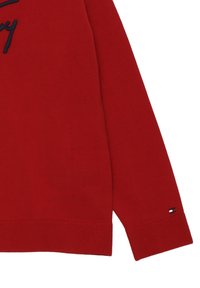 Maglione rosso a maglia con orlo e polsini a coste, con una scritta ricamata in blu. Include un piccolo logo in blu, bianco e rosso.