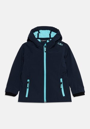 Kinderen marineblauwe jas met capuchon, lichtblauwe rits en zakaccenten, met CMP-logo op de borst en binnen in de kraag.