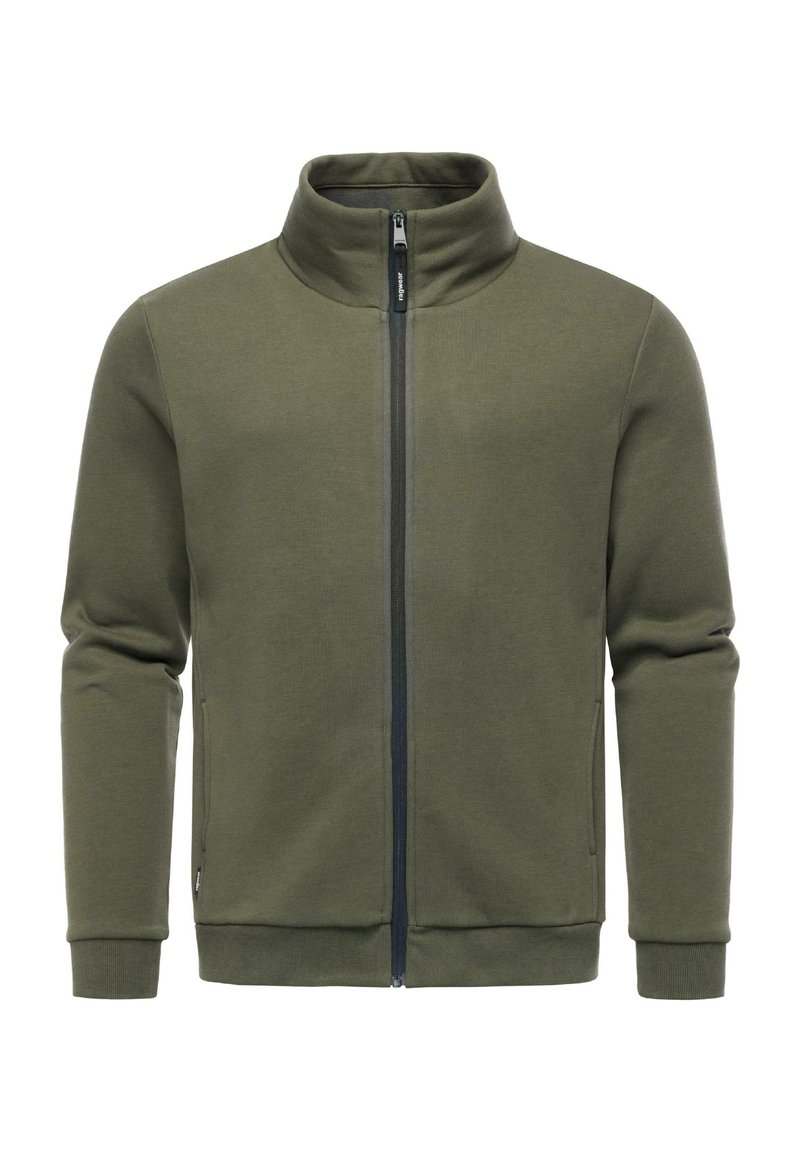 Giacca a zip verde oliva con collo alto, tessuto morbido al tatto, tasche laterali e polsini e orlo a costine. Design minimalista.