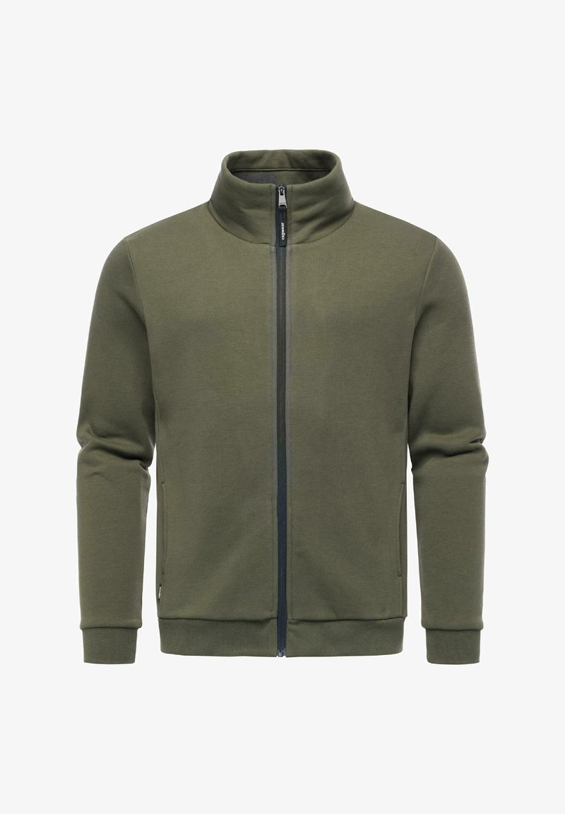 Giacca a zip verde oliva con collo alto, tessuto morbido al tatto, tasche laterali e polsini e orlo a costine. Design minimalista.