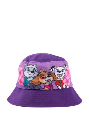 Cappello a secchiello viola in tessuto con cani animati e motivi floreali sul davanti. Visiera morbida e design con cupola arrotondata.