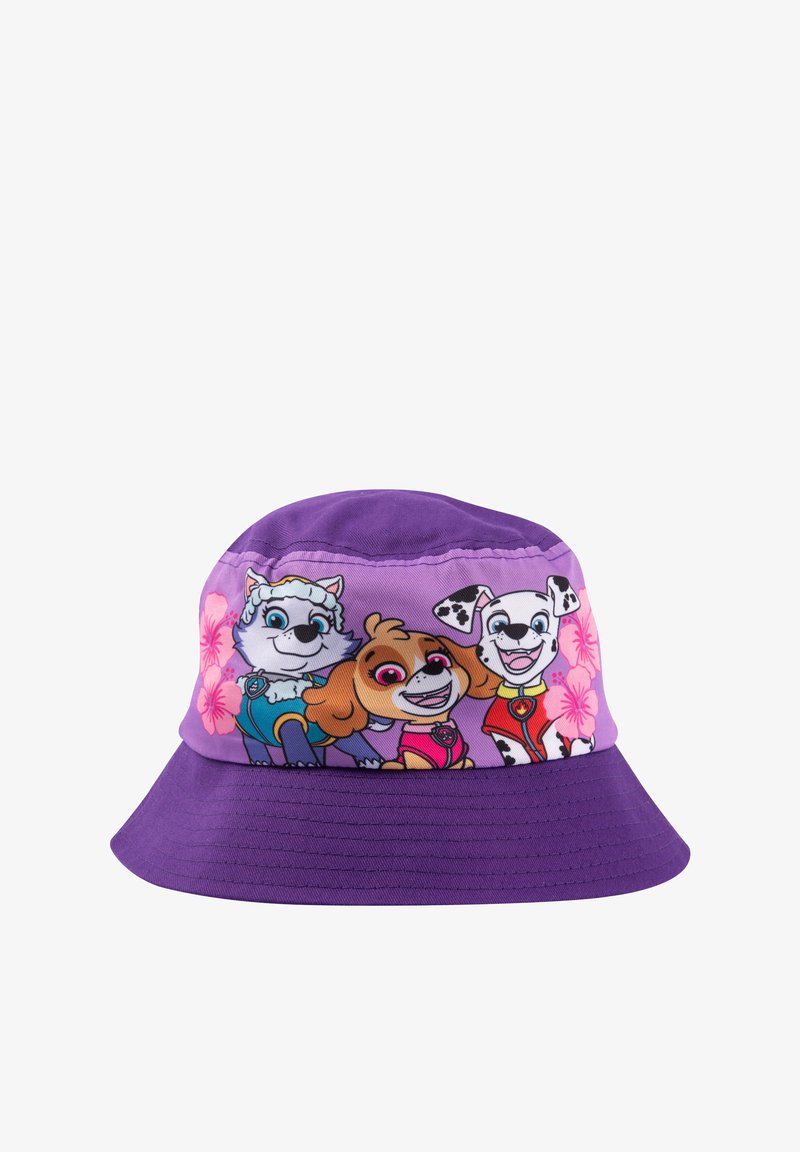 Cappello a secchiello viola in tessuto con cani animati e motivi floreali sul davanti. Visiera morbida e design con cupola arrotondata.