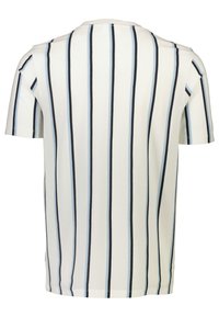 Randig t-shirt i vitt, med vertikala svarta och blå linjer, korta ärmar och rund hals. Slät bomullstyg med en avslappnad passform.