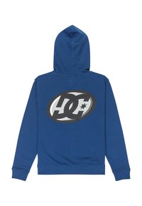 Modrá mikina s kapucňou so veľkým čiernym a strieborným logom na chrbte. Vyrobená z jemného materiálu, s bavlnenou kapucňou a rebrovanými manžetami.