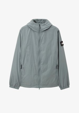 Leichte, gefütterte Jacke aus grauem Stoff. Sie verfügt über einen durchgehenden Reißverschluss vorne, elastische Bündchen und seitliche Taschen mit Reißverschluss.