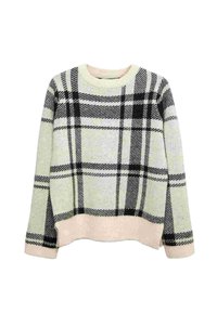 Sweter dzianinowy w jasnej zieleni z czarno-kremowym wzorem w kratę. Prążkowany okrągły dekolt i pasek w talii. Miękka tekstura. Długie rękawy.