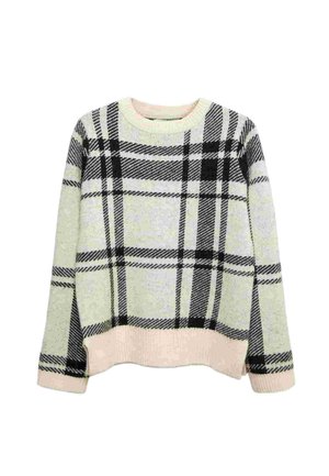 Maglione lavorato a maglia di colore verde chiaro con fantasie a quadri nere e crema. Collo a girocollo e vita a coste. Texture morbida. Maniche lunghe.