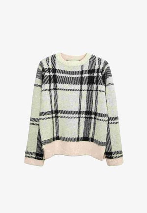 Maglione lavorato a maglia di colore verde chiaro con fantasie a quadri nere e crema. Collo a girocollo e vita a coste. Texture morbida. Maniche lunghe.