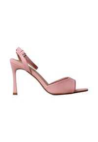 Sandale à talon haut en cuir rose avec bout ouvert et bride de cheville réglable, vue de profil sur fond blanc.