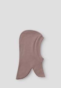 Un balaclava en tricot de couleur mauve doux avec une protection du cou et une grande ouverture pour le visage, posé à plat sur un fond gris clair.