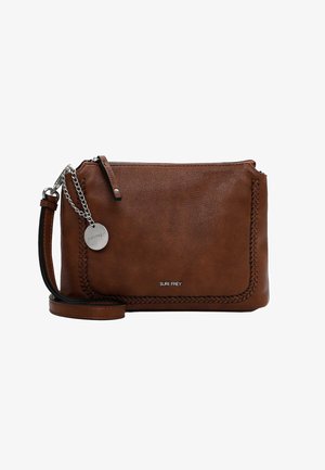 Bruine lederen crossbody tas met een textuur, ritsluiting, gevlochten accenten langs de rand en een afneembare kettingriem.