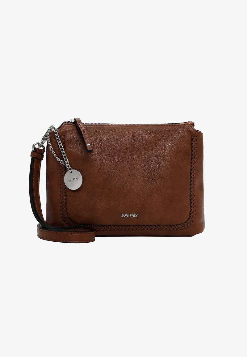 Ruskea nahkainen olkalaukku, jossa on teksturoitu pinta, vetoketjukiinnitys, punottuja yksityiskohtia reunoilla ja irrotettava ketjuolkaimet.