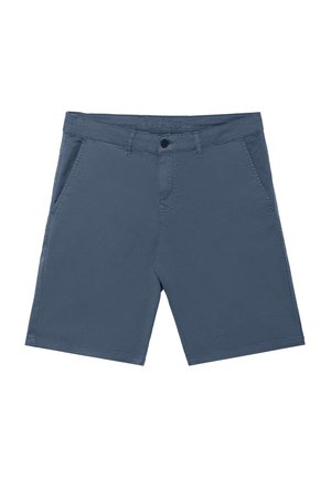 Męskie szorty w ciemnoniebieskim kolorze, wykonane z gładkiego materiału, z zapięciem na guzik, dwoma bocznymi kieszeniami oraz eleganckim, dopasowanym krojem.