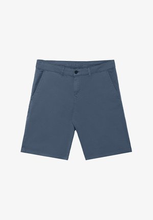 Herren Shorts in Dunkelblau, aus glattem Stoff gefertigt, mit Knopfverschluss, zwei Seitentaschen und einem sauberen, maßgeschneiderten Design.