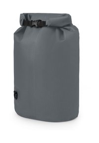 Borsa a secco impermeabile grigia con chiusura arrotolata, realizzata in materiale testurizzato, dotata di una valvola laterale e forma contornata per un facile stoccaggio e trasporto.