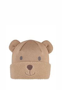 Bear-themed knit hat in beige, featuring 3D ears, a fuzzy bottom band, and embroidered facial details in a darker brown. Soft texture.