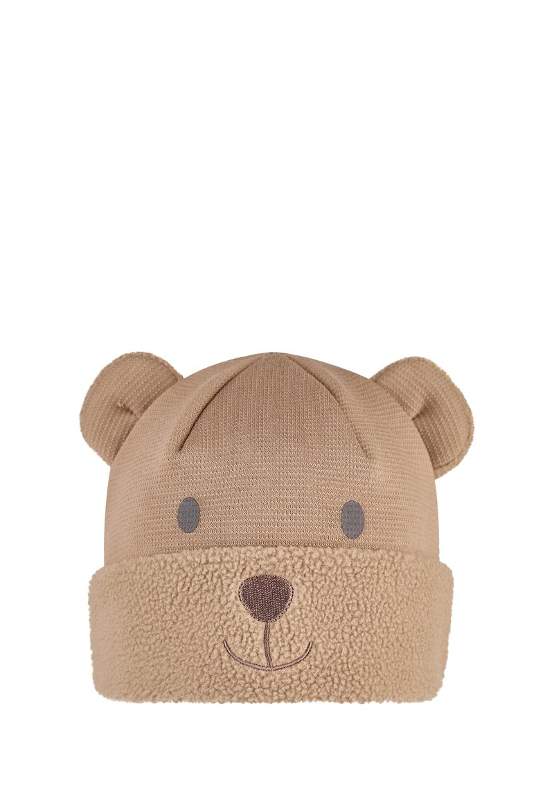 Bear-themed knit hat in beige, featuring 3D ears, a fuzzy bottom band, and embroidered facial details in a darker brown. Soft texture.