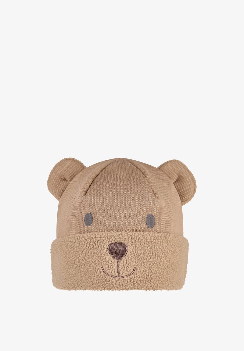 Bear-themed knit hat in beige, featuring 3D ears, a fuzzy bottom band, and embroidered facial details in a darker brown. Soft texture.
