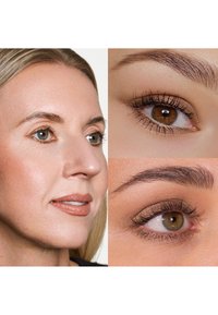 Un gros plan d'yeux marron avec des cils et des sourcils bien définis, mettant en avant un teint de peau lisse et clair ainsi qu'une couleur de lèvres douce. Des angles faciaux détaillés sont présentés.