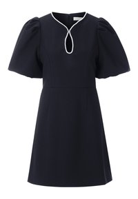 Marineblaues Kleid mit tailliertem Oberteil und kurz gepufften Ärmeln. Ausgeschnittene Halslinie verziert mit kleinen Perlen und einem Reißverschluss auf der Rückseite.