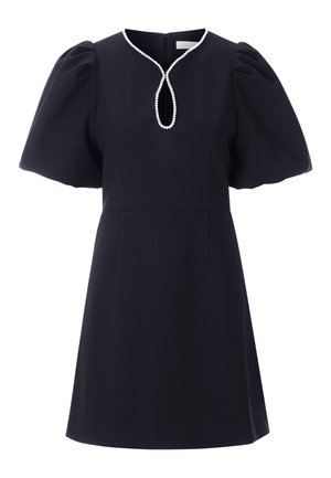 Marineblauw jurk met een getailleerde lijfje en kort pofmouwen. Sleutelgatenhalslijn versierd met kleine parels en een rits aan de achterkant.