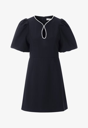 Marineblauw jurk met een getailleerde lijfje en kort pofmouwen. Sleutelgatenhalslijn versierd met kleine parels en een rits aan de achterkant.