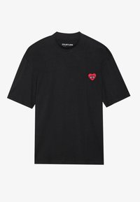 Black cotton T-shirt with a relaxed fit. Features a small red heart with an eye design embroidered on the left chest. Short sleeves.