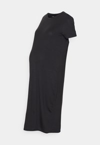 Vestido de maternidade preto com decote redondo e mangas curtas, apresentando um corte solto e comprimento médio, feito de tecido macio.