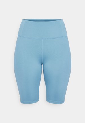 Lysblå højlivede cykelshorts lavet af strækbart stof, med flade sømme og en glat overflade, ideelle til aktivt tøj.