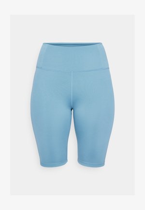 Shorts de cyclisme taille haute bleu clair en tissu extensible, avec des coutures plates et une texture lisse, idéaux pour les vêtements de sport.