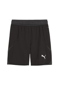Zwarte sportshorts van lichtgewicht stof, met een elastische tailleband, zijzakken en een wit logo aan de onderkant aan de linkerkant.