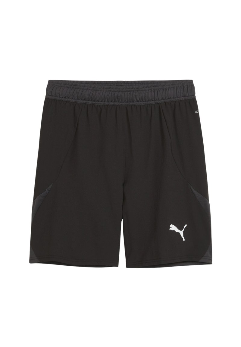 Zwarte sportshorts van lichtgewicht stof, met een elastische tailleband, zijzakken en een wit logo aan de onderkant aan de linkerkant.