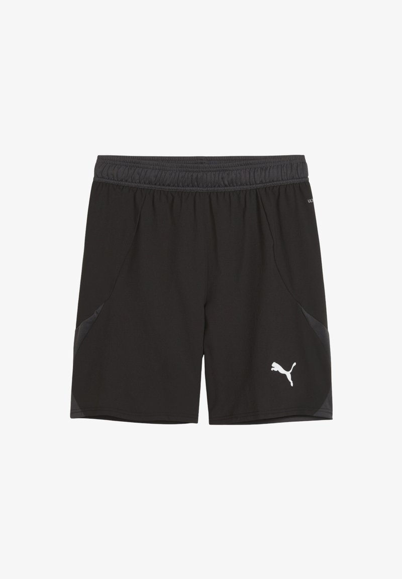 Zwarte sportshorts van lichtgewicht stof, met een elastische tailleband, zijzakken en een wit logo aan de onderkant aan de linkerkant.