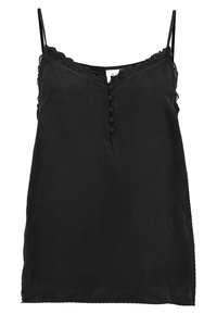 Camisole en satin noir avec des bordures en dentelle, bretelles spaghetti, décolleté en V et détail de bouton à l'avant. Texture lisse et coupe décontractée.