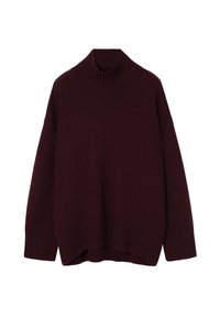 Pull oversize bordeaux foncé avec col montant côtelé, poignets et ourlet, en tissu tricoté épais.