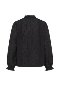 Blouse noire à manches longues avec broderie florale délicate, col haut à volants et poignets à volants, vue de dos.